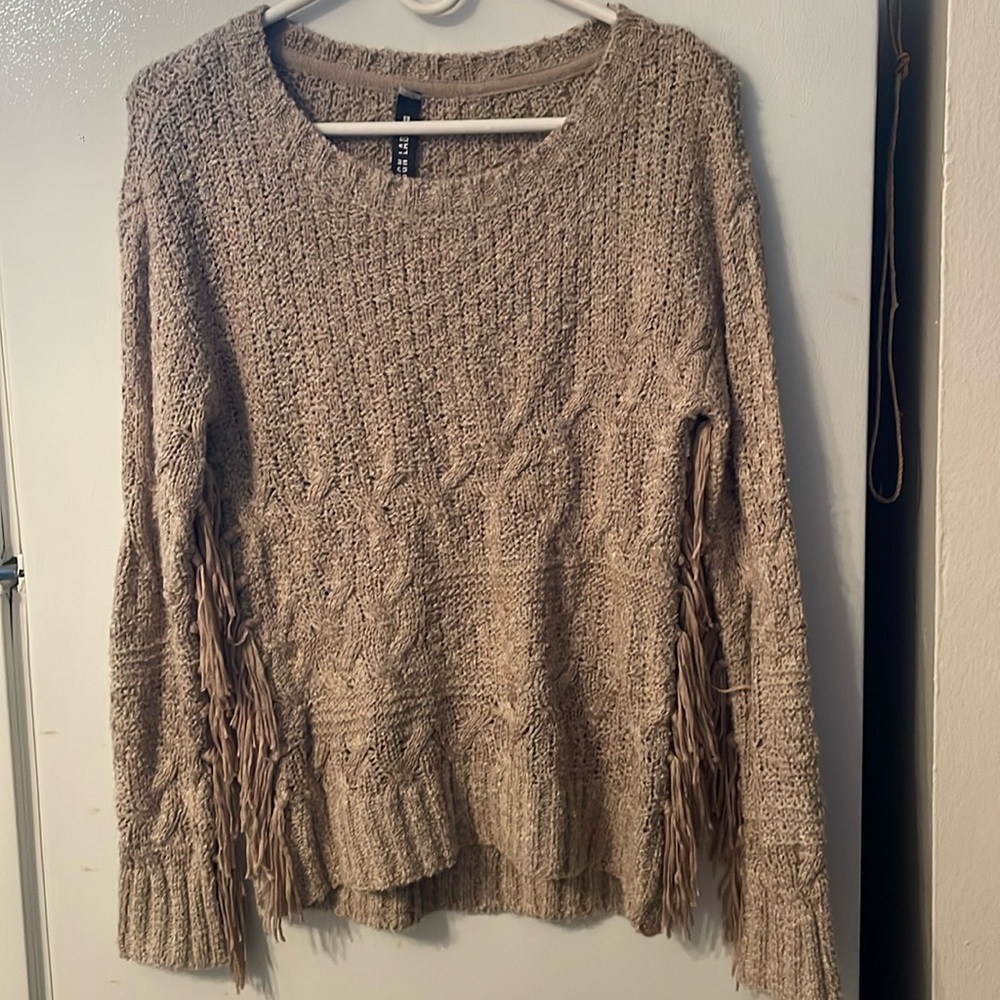 Design Lab LORD & TAYLOR Tan Brown Fringe‎ Knit Pullover Sweater Womens Size XS